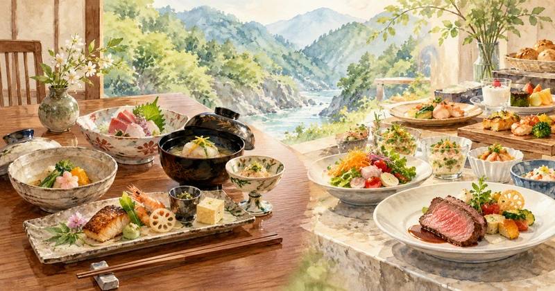 和食会席とブッフェの食事スタイルを比較したイメージイラスト