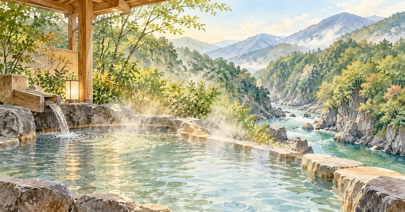 渓谷の景色と湯けむりを楽しむ露天風呂のイメージイラスト