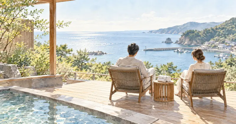 海を望むテラスで夫婦がくつろぐイメージ