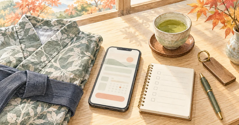 弘法の湯の予約条件を確認するスマートフォンと確認用の手帳のイメージ