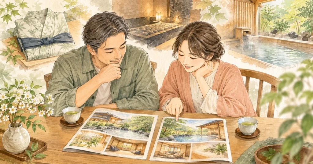 弘法の湯の本店と長岡店の違いを資料で比較する夫婦のイメージ