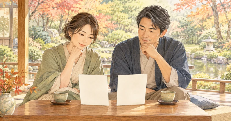 弘法の湯の本店と長岡店の選び方を相談する夫婦のイメージ