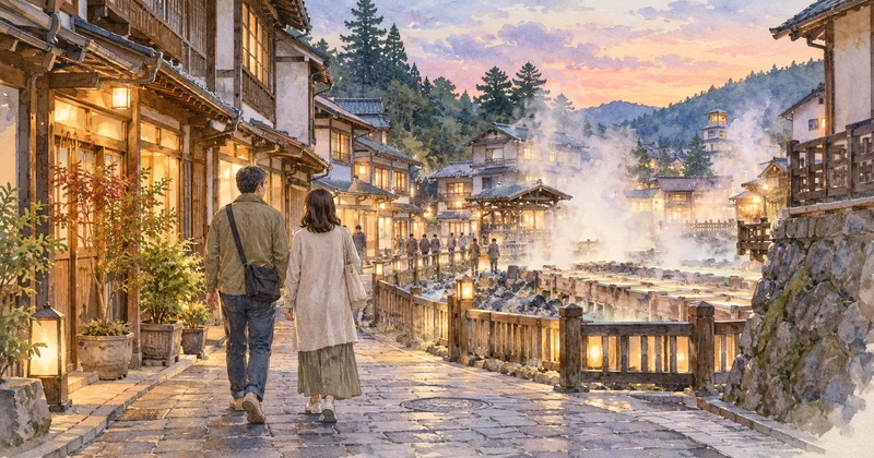 夕暮れの草津温泉街を散策する夫婦のイメージイラスト