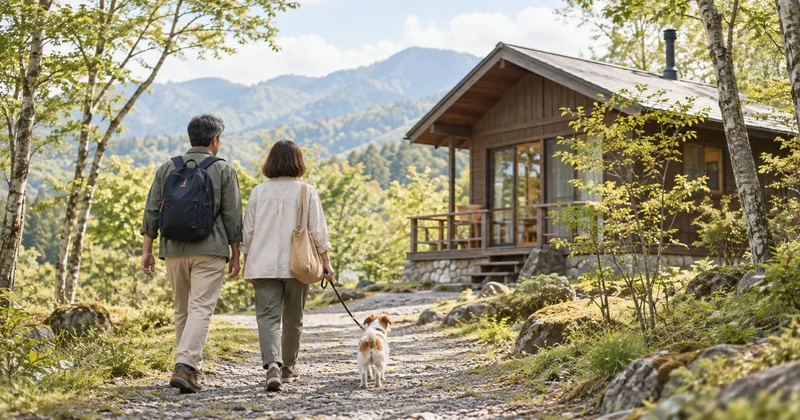 犬と一緒に高原のコテージへ向かう夫婦のイメージ