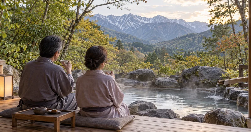 山を眺めながら温泉旅行を楽しむ夫婦のイメージ