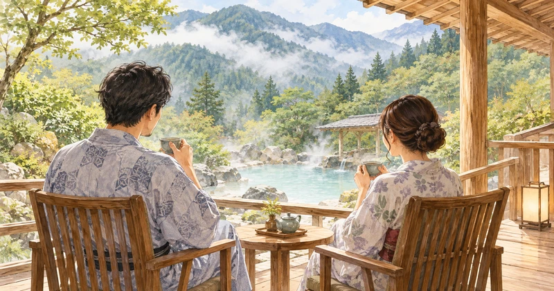 山と湯けむりを眺めながら浴衣姿の夫婦がお茶を楽しむ温泉旅行のイメージ
