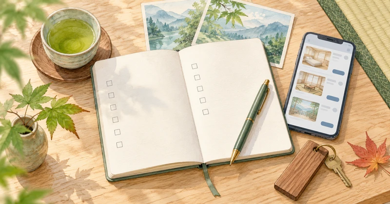 旅行ノートとスマートフォンを並べた温泉宿の予約前確認のイメージ