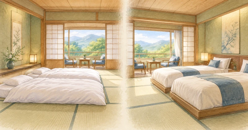 布団を敷いた和室とツインベッドの和室を並べた寝具比較のイメージ