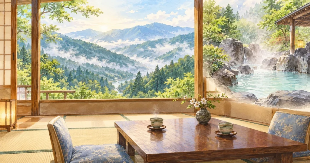 山並みを望む和室と露天風呂を描いた、野地温泉ホテルの部屋選びのイメージ