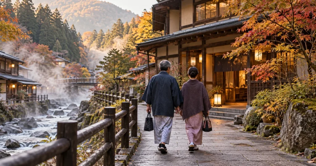 野沢温泉の旅館選びをイメージした温泉街と夫婦