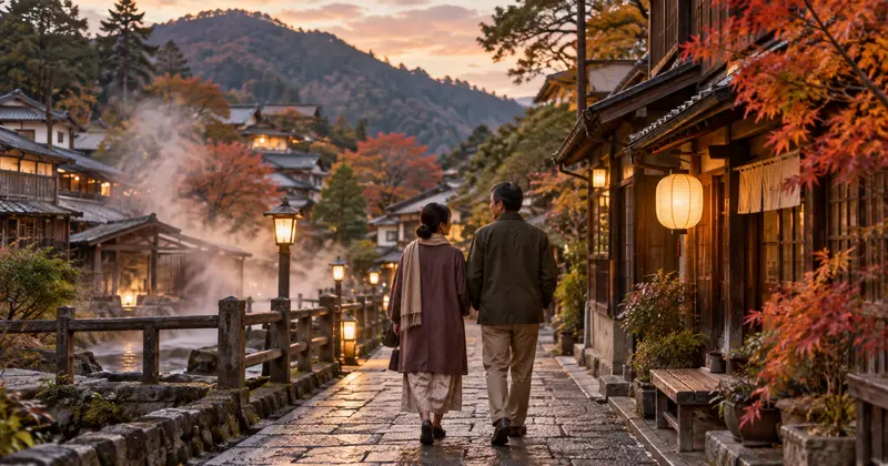 温泉街を散策する大人の夫婦のイメージ
