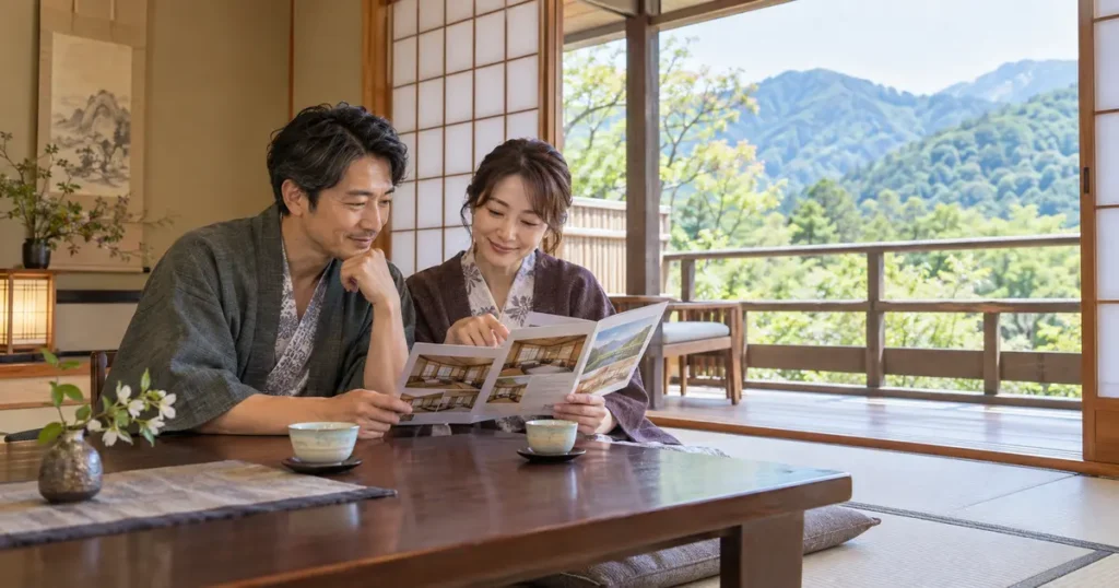 旅館さかやの部屋選びを考える大人の夫婦のイメージ