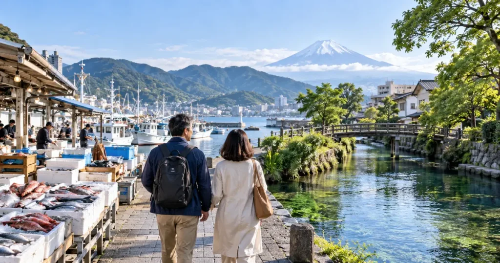 沼津・三島観光モデルコースの沼津港と富士山