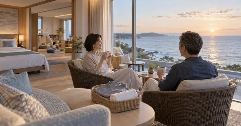大洗ホテルの海が見える客室とラウンジで過ごす夫婦