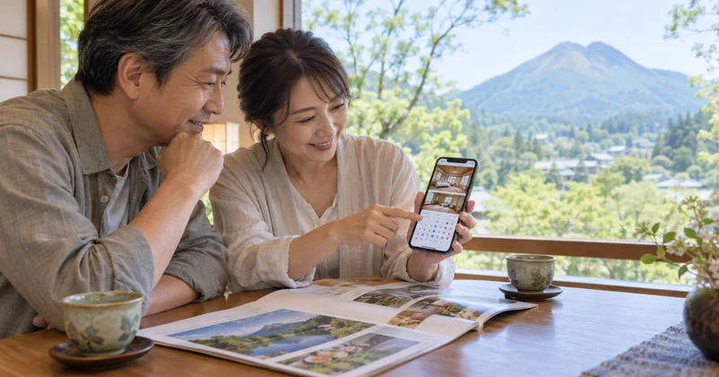 由布院の山並みを望む客室半露天風呂のイメージ