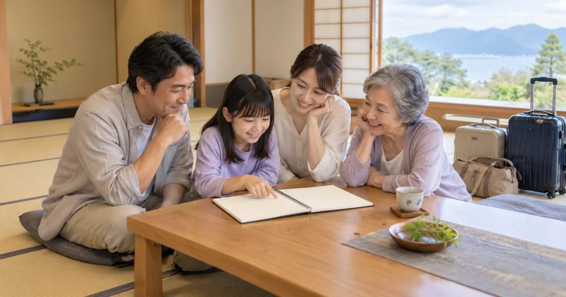 家族三世代で温泉宿の部屋を選ぶ様子のイメージ