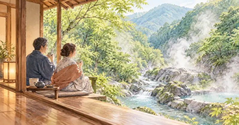 渓流を望む旅館の縁側でお茶を飲みながら休む夫婦のイラスト