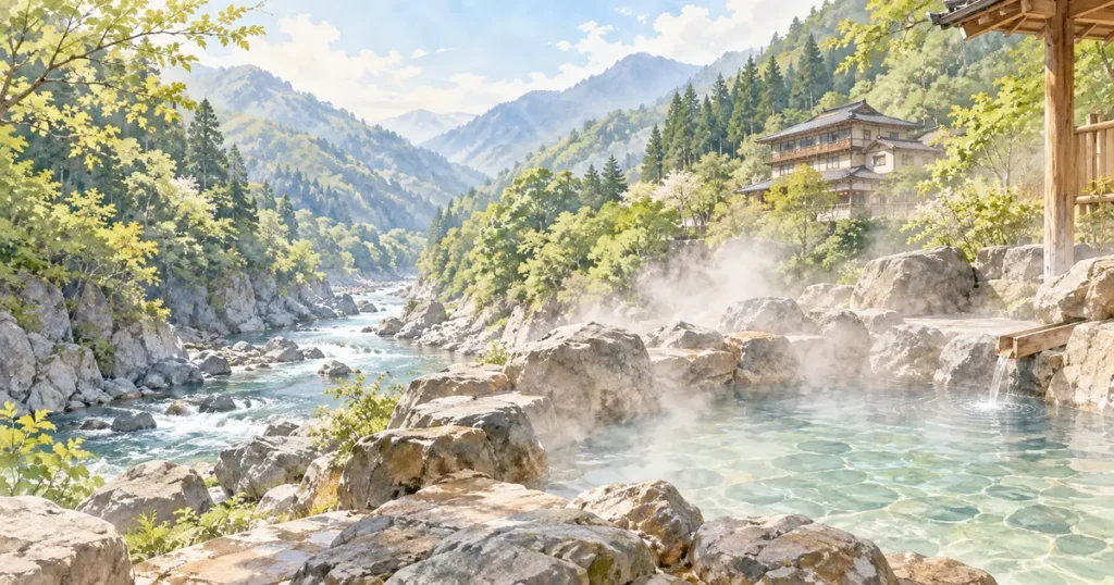 塩の湯温泉の宿比較をイメージした渓谷と湯気の立つ露天風呂のイラスト