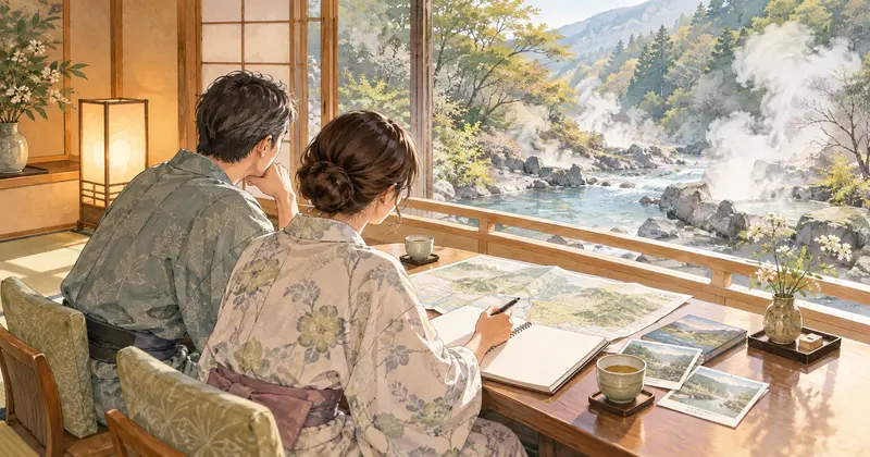 渓谷を望む旅館の窓辺で地図とノートを広げて宿を選ぶ夫婦のイラスト
