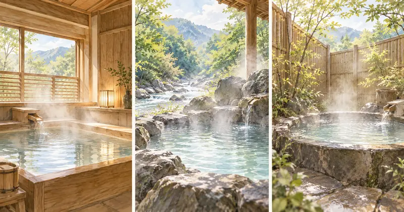 客室温泉・川岸露天・貸切露天の3つの入浴スタイルを描いたイメージイラスト