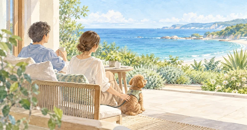海辺のテラスで愛犬とくつろぐ夫婦を描いた、犬同伴旅行のイメージ