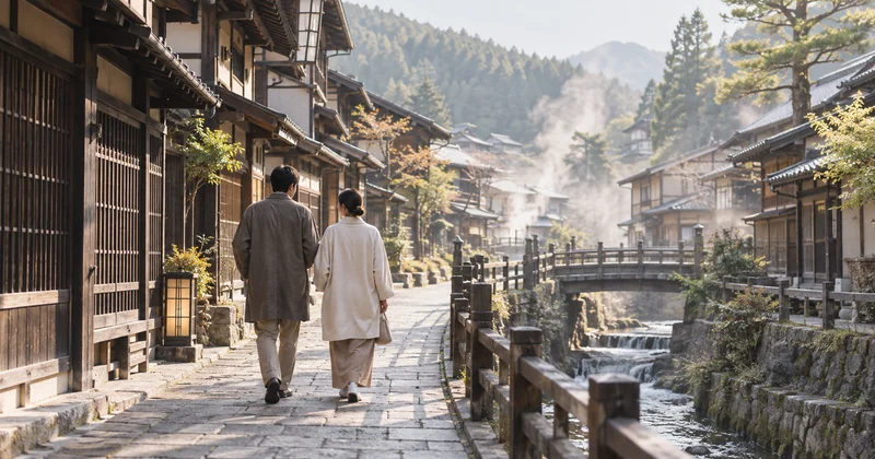 温泉街を散策する夫婦のイメージ