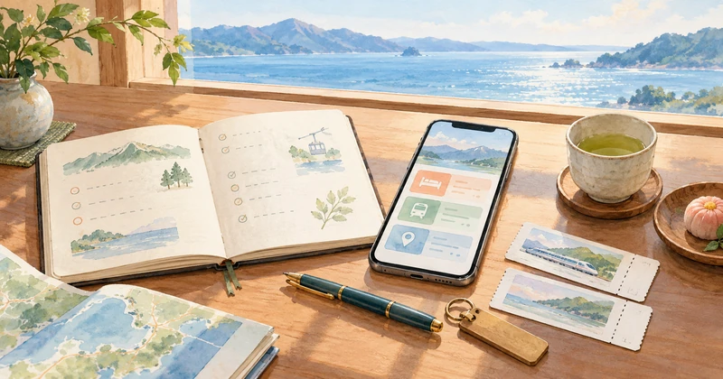 海の見える窓辺に旅行ノートとスマートフォンを置いた予約確認のイメージ