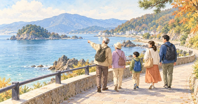 穏やかな海を眺めながら海岸の遊歩道を歩く三世代家族のイラスト