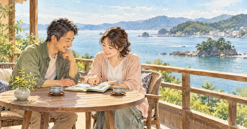 海辺のテラスで旅行ノートを見ながら温泉宿を選ぶ夫婦のイラスト
