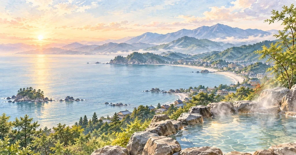 館山・鏡ヶ浦周辺の温泉旅をイメージした、穏やかな海と湯けむりのイラスト