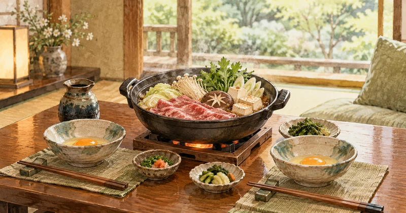 客室のテーブルで二人分のすき焼きを楽しむ部屋食のイメージ
