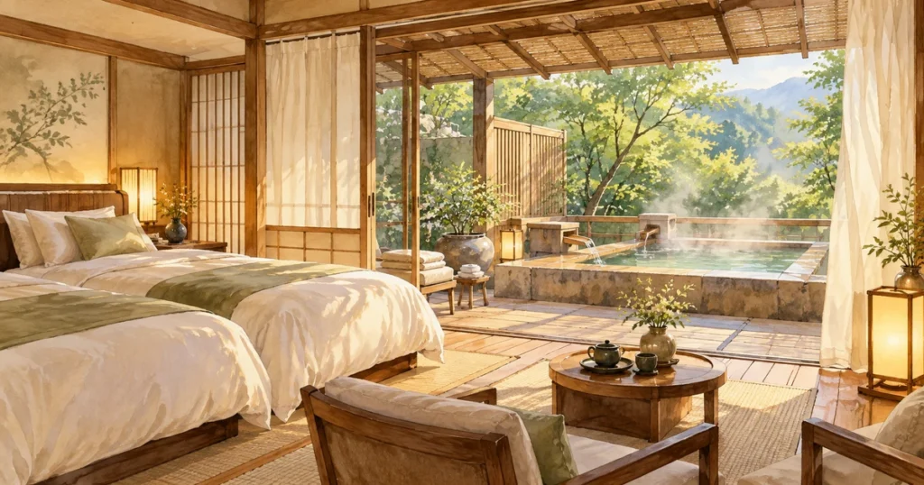 time-resort-kakureya-room-guide.webp 緑を望む露天風呂とコテージ客室のイメージイラスト