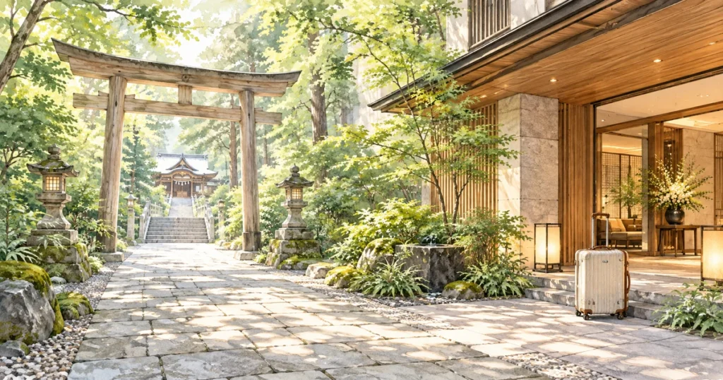 東国三社巡りの宿泊旅をイメージした緑の参道とホテルのイラスト