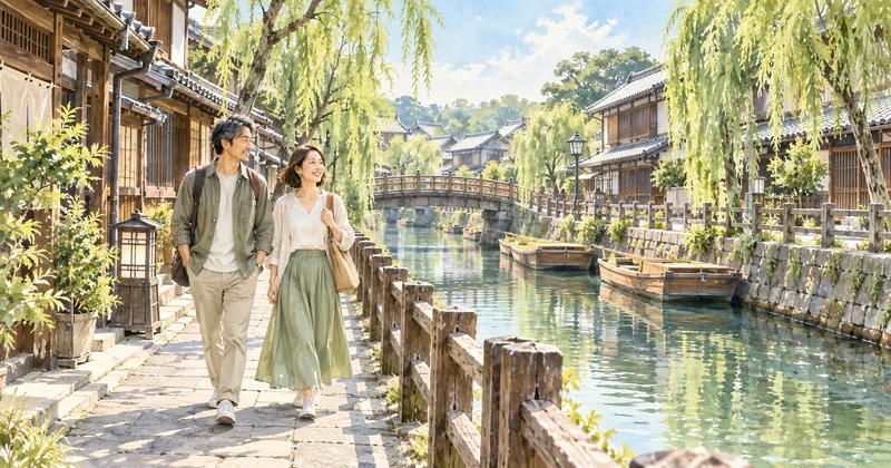 佐原の町並みをイメージした水路沿いを散策する夫婦のイラスト