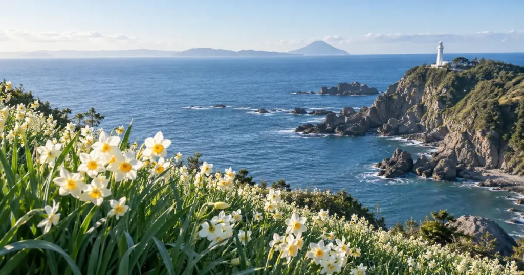 爪木崎の水仙の見頃と灯台・海の景色