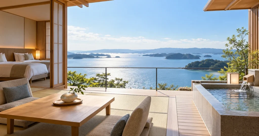 海を望む和洋室と客室露天風呂を表現した海の蝶の部屋選びイメージ