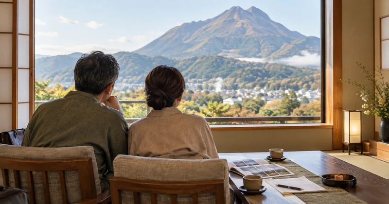 由布岳を眺めながら部屋を選ぶ夫婦のイメージ