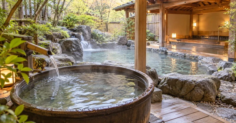 形の異なる湯船と内湯を組み合わせた貸切風呂の比較イメージ