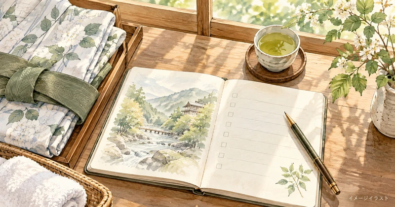 会津屋の洞窟風呂の利用条件を予約前に確認する旅ノートのイメージイラスト