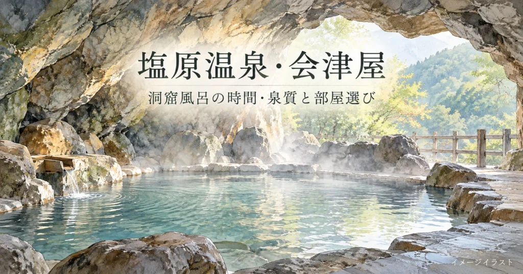 塩原温泉の会津屋の洞窟風呂をテーマにした岩風呂のイメージイラスト