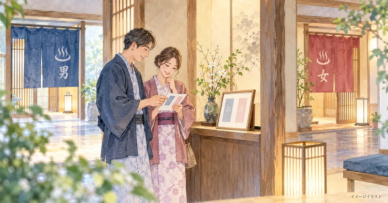 会津屋の洞窟風呂の男女入れ替え時間を確認する夫婦のイメージイラスト