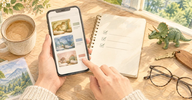 恐竜ルームの予約をイメージしたスマートフォンと確認用ノートのイラスト