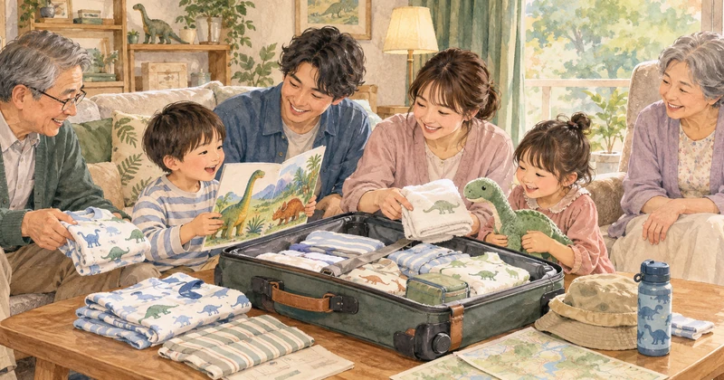 恐竜のぬいぐるみや絵本と一緒に旅行の支度をする三世代家族のイラスト