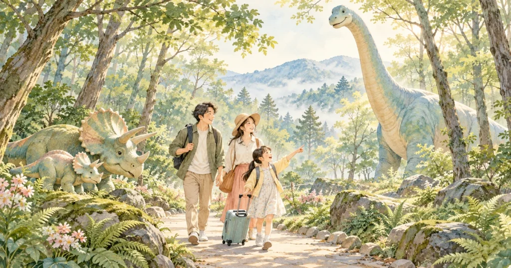 ブランヴェール那須の恐竜ルーム選びをイメージした森の恐竜と親子のイラスト