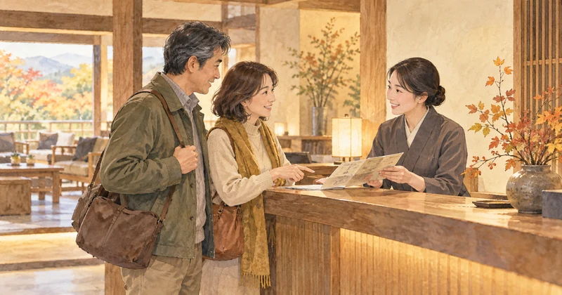 ガストホフ那須花の宿泊条件確認をイメージした受付で案内を聞く夫婦のイラスト