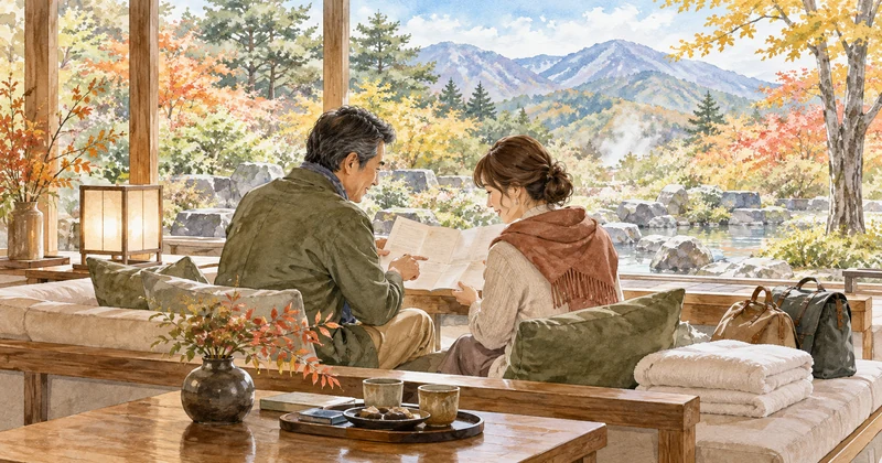 温泉旅行の案内を見ながら宿選びを相談する夫婦のイメージ