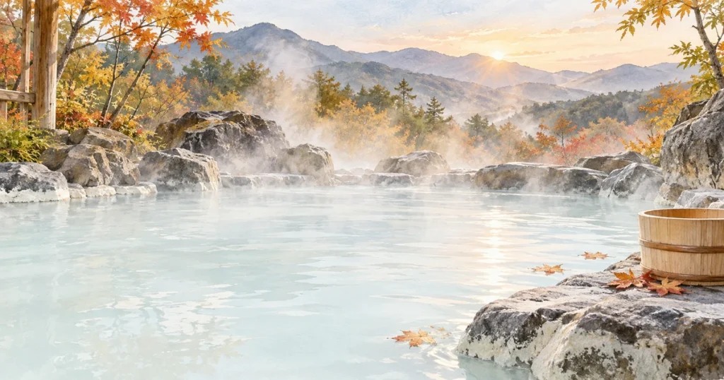 グリーンパール那須の温泉と泉質を紹介する、乳白色の湯と秋の山々のイメージ