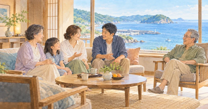 海の見えるラウンジで旅行の過ごし方を相談する三世代家族のイラスト