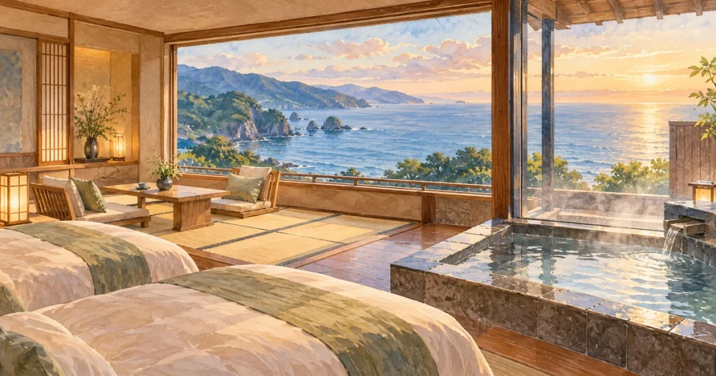 海のほてるいさばの部屋選びをイメージした、海を望む和洋室と展望風呂のイラスト