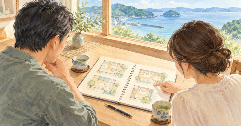 海の見える窓辺で客室の間取りを比較する夫婦のイラスト